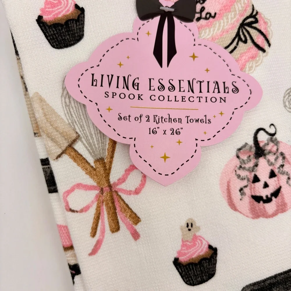 Living Essentials Spook Collection Pink Halloween Baking Kitchen Towels Set of 2